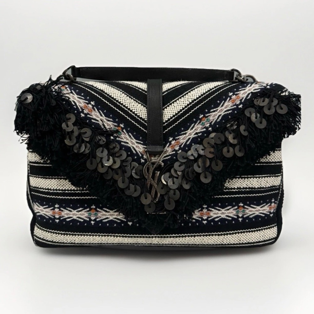 Saint Laurent Black & White Sequin Fringe Boho College Bag NEW WITH TAGS